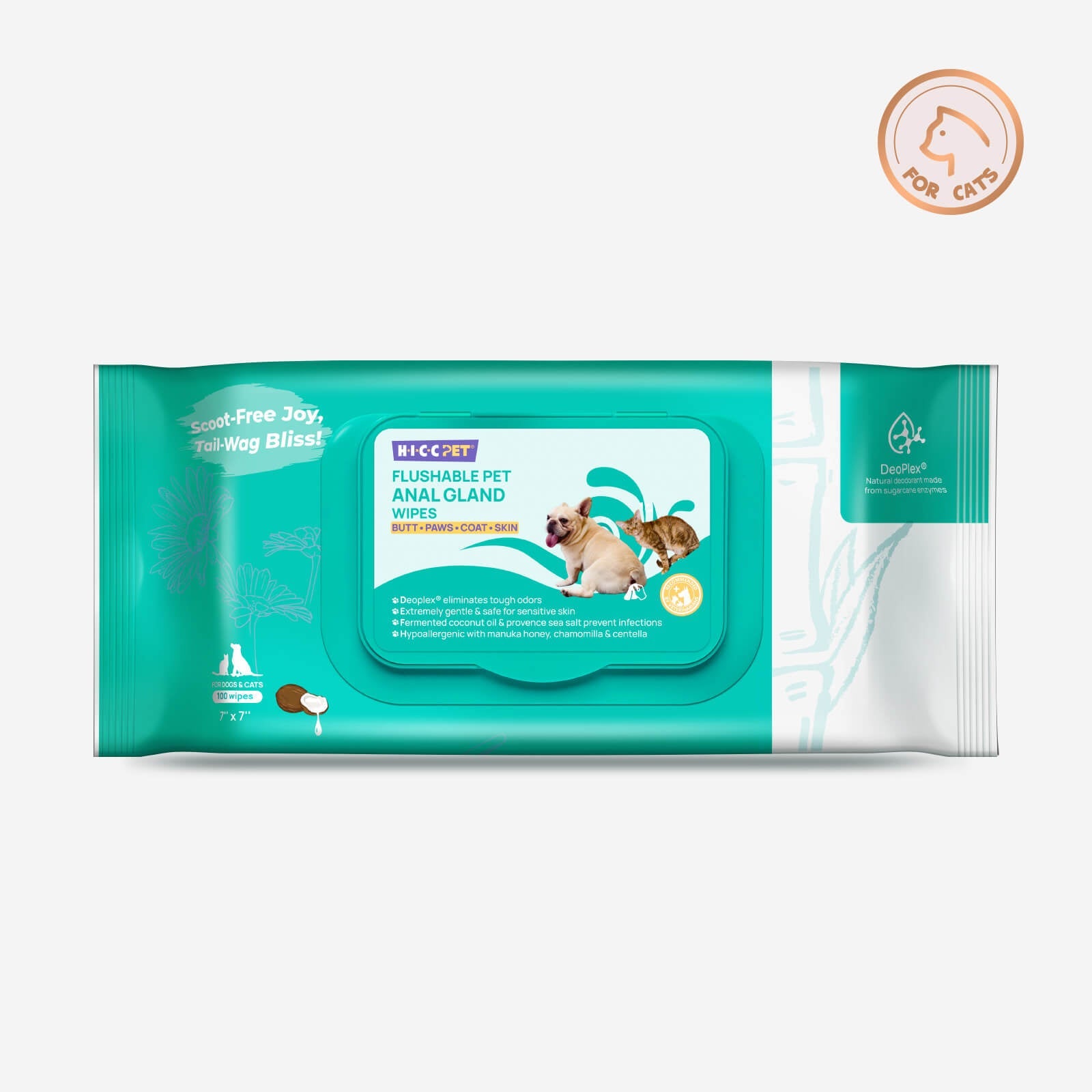 HICC Pet® Flushable Pet Anal Gland Wipes For Cats, 100 Pcs