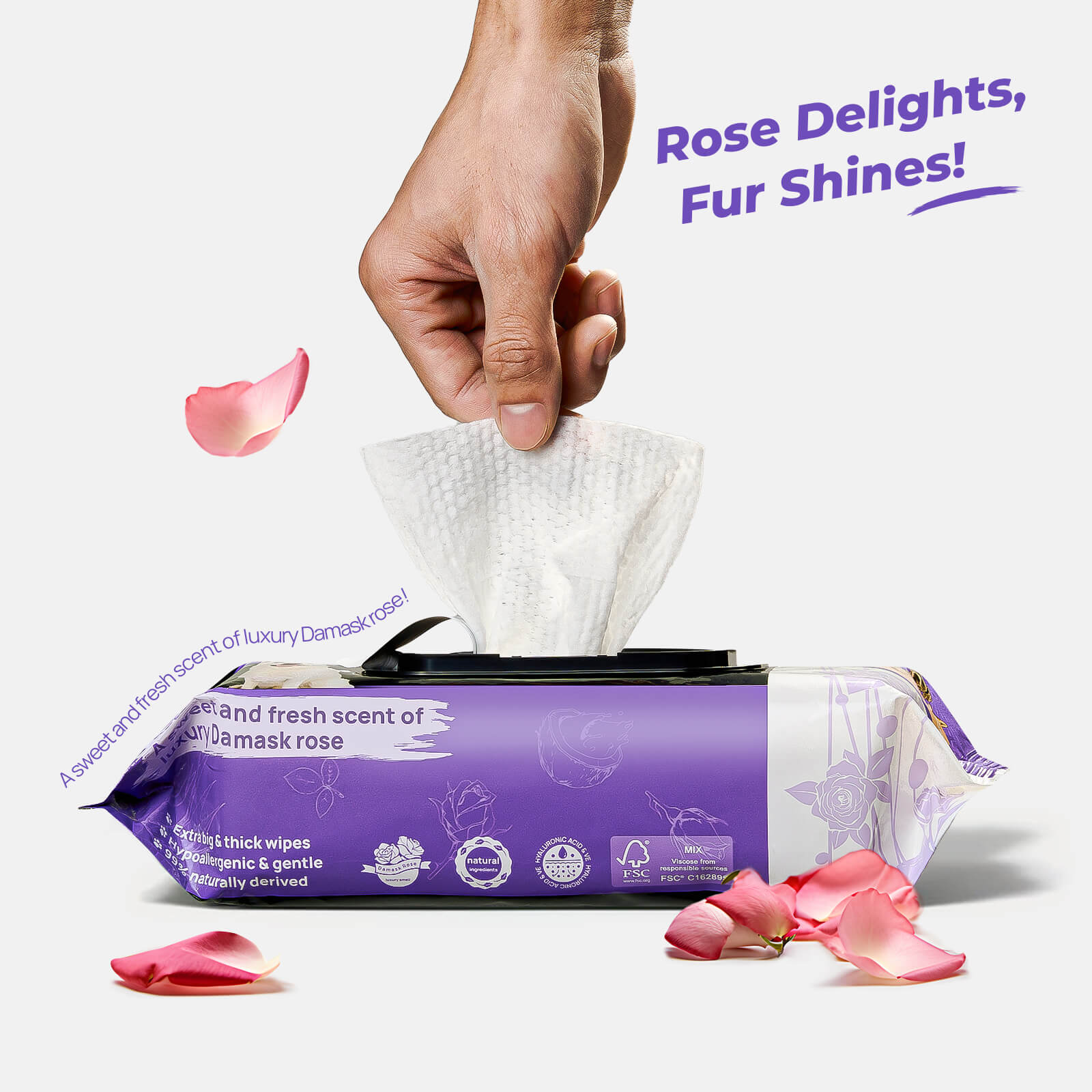 HICC Pet® Plant-Based Pet Wipes For Dogs, Damask Rose Scent, 100 Pcs