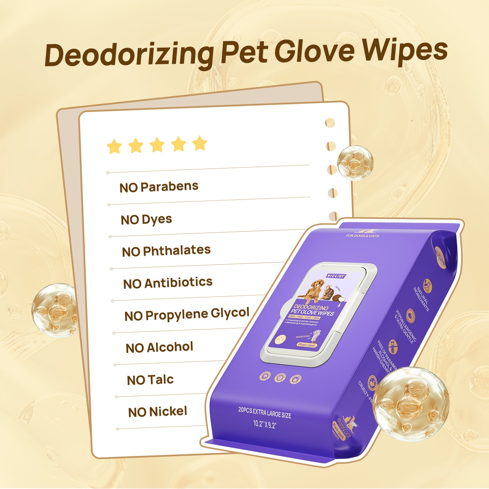 HICC Pet® Deodorizing Pet Glove Wipes For Cats,  20 Pcs
