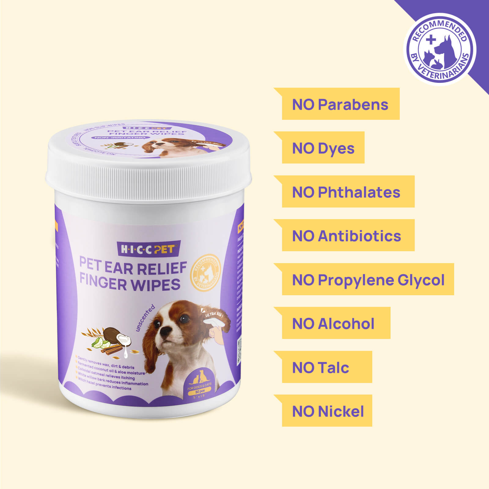 HICC Pet® Pet Ear Relief Finger Wipes For Cats, 50 Pcs