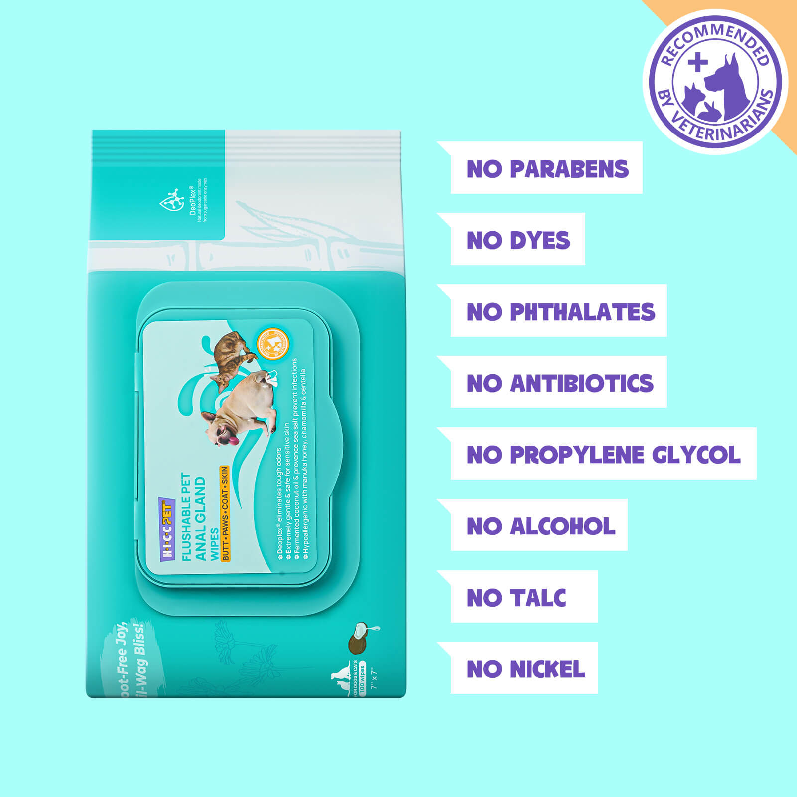 HICC Pet® Flushable Pet Anal Gland Wipes For Cats, 100 Pcs