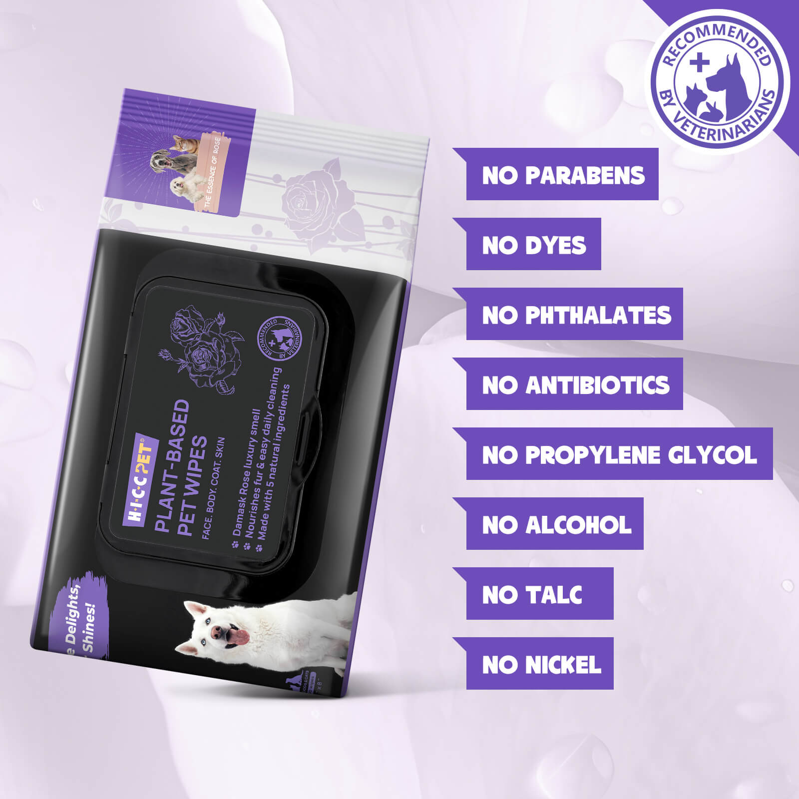 HICC Pet® Plant-Based Pet Wipes For Cats, Damask Rose Scent, 100 Pcs