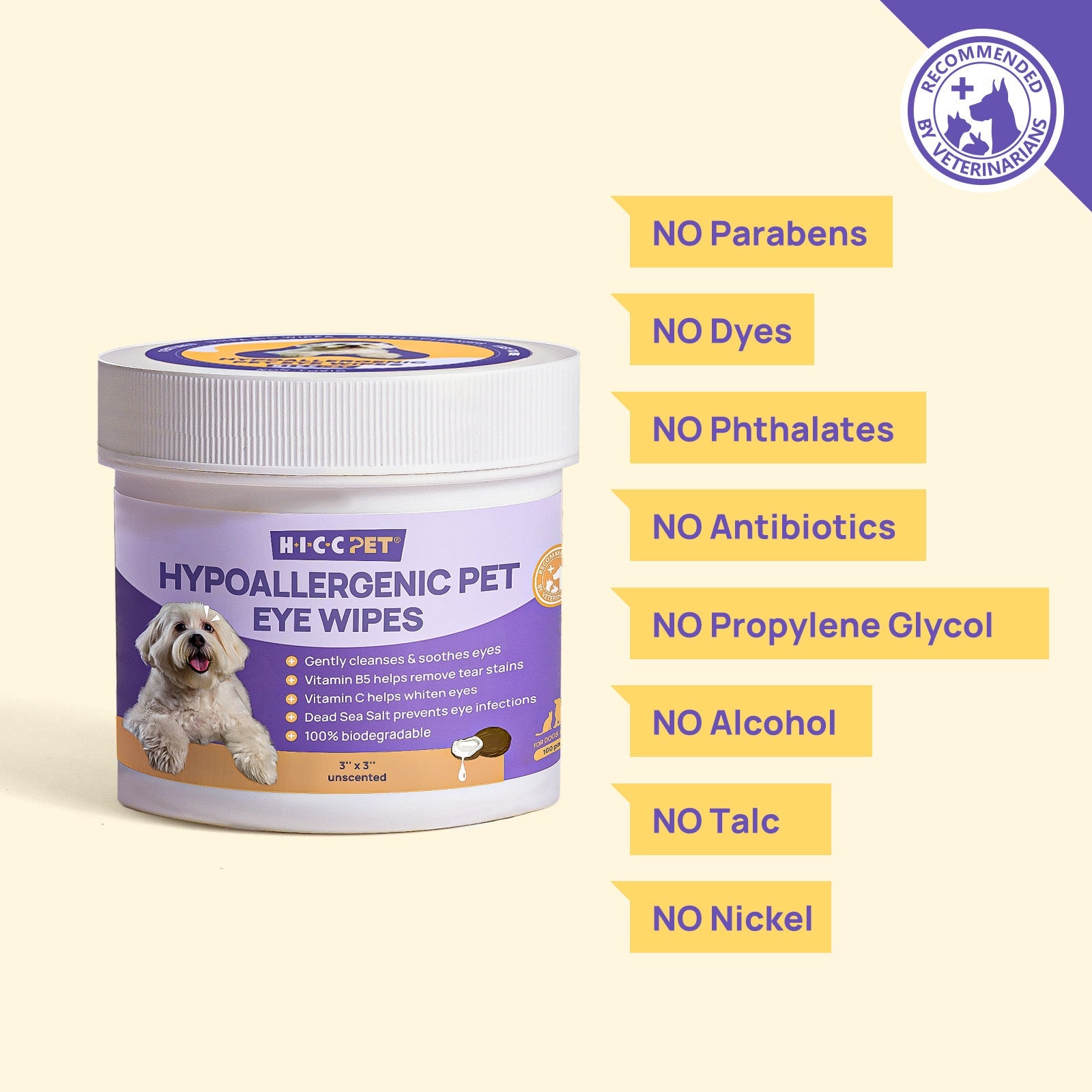 HICC Pet®  Hypoallergenic Pet Eye Wipes For Dogs, 100 Pads