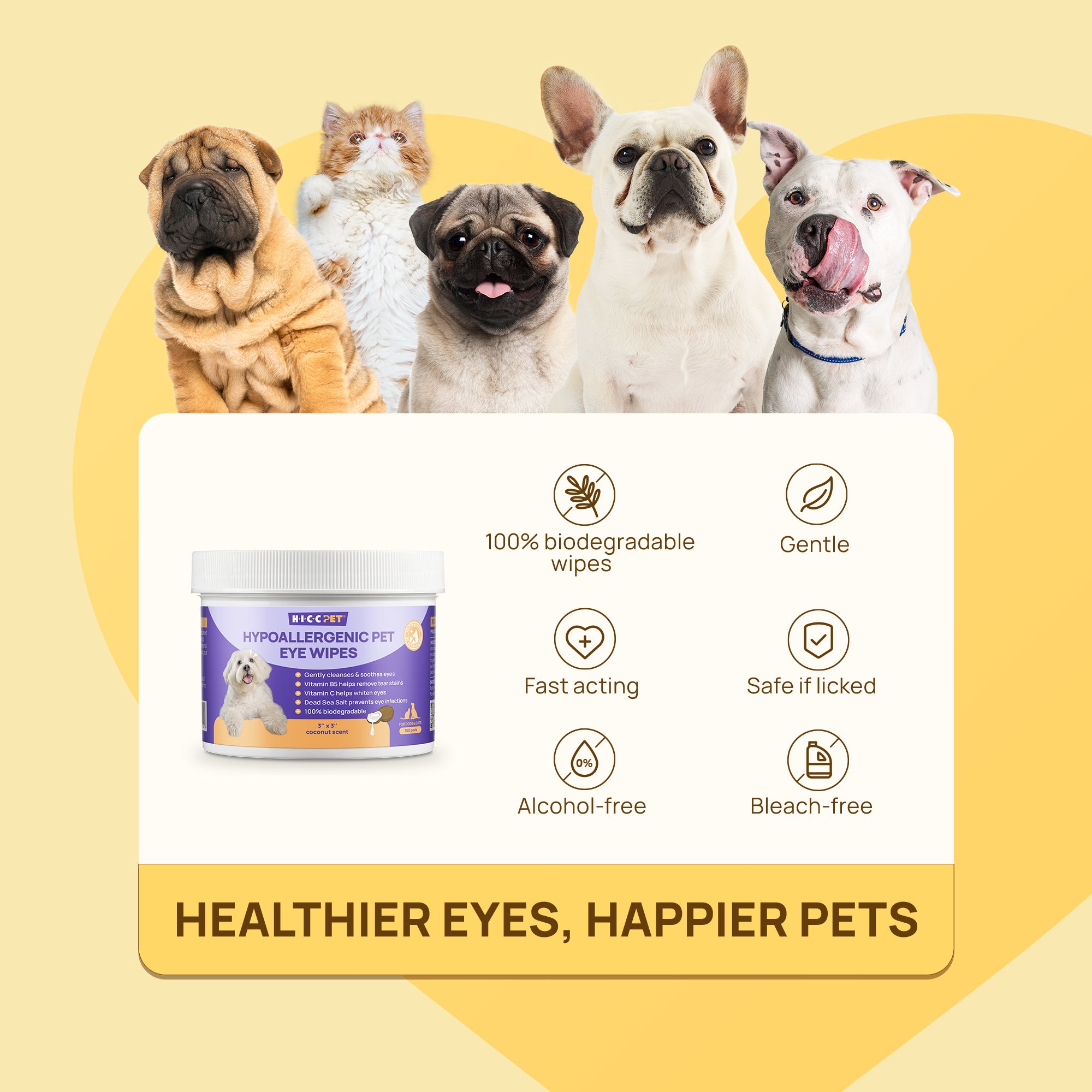 HICC Pet®  Hypoallergenic Pet Eye Wipes For Dogs, 100 Pads
