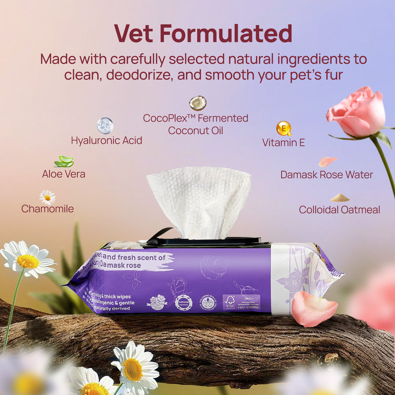 HICC Pet® Plant-Based Pet Wipes For Cats, Damask Rose Scent, 100 Pcs