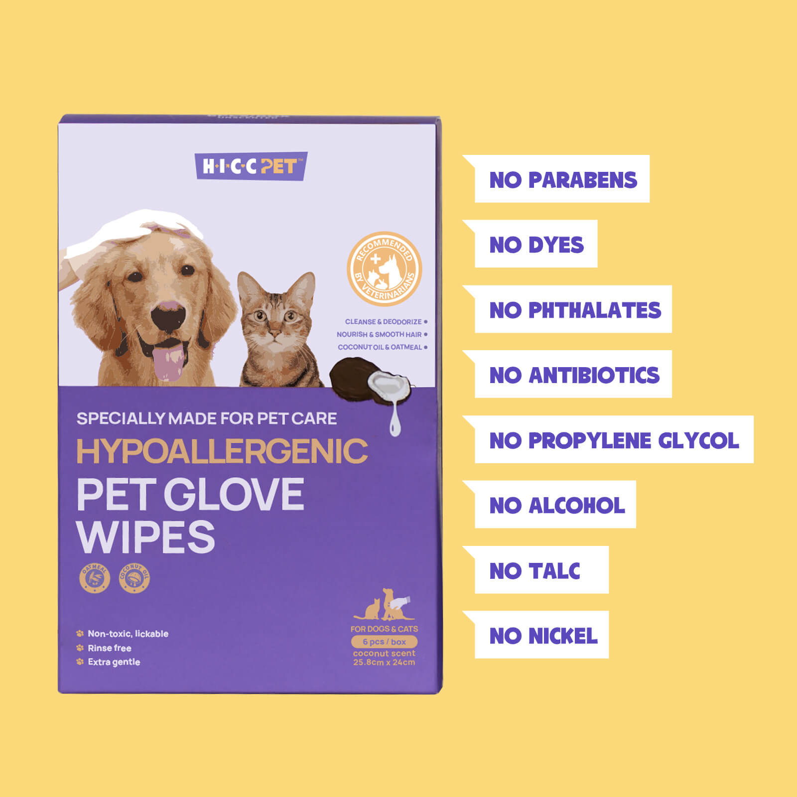 HICC Pet® Hypoallergenic Pet Glove Wipes For Cats, 6 Pcs