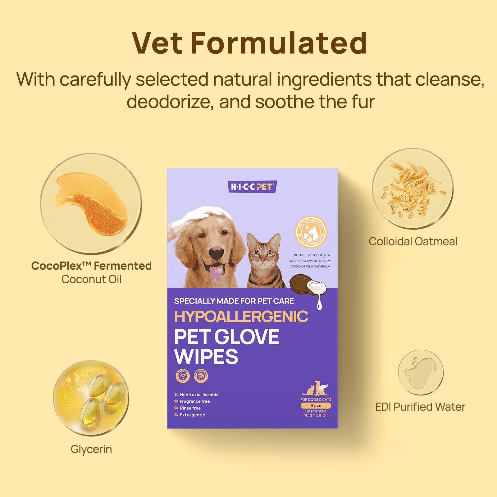 HICC Pet® Hypoallergenic Pet Glove Wipes For Dogs, 6 Pcs