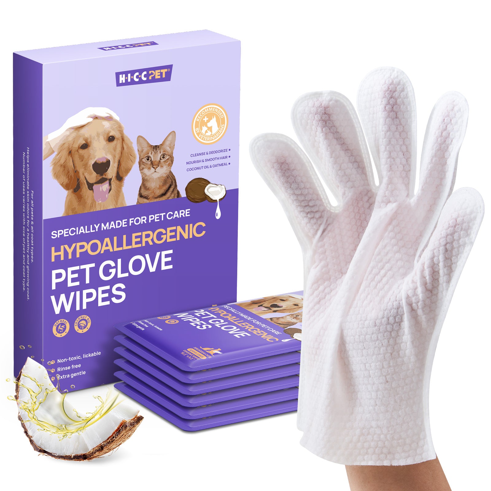 HICC Pet® Hypoallergenic Pet Glove Wipes For Dogs, 6 Pcs