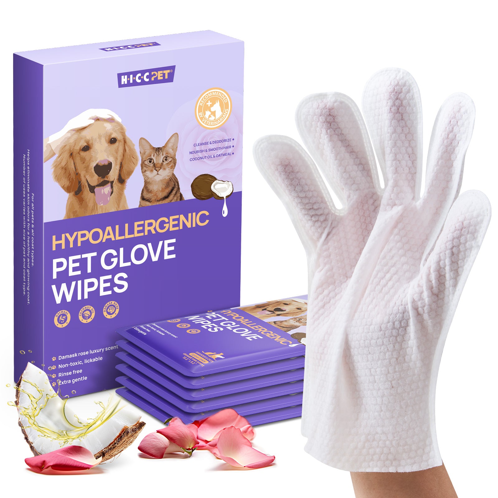 HICC Pet® Hypoallergenic Pet Glove Wipes For Dogs, 6 Pcs