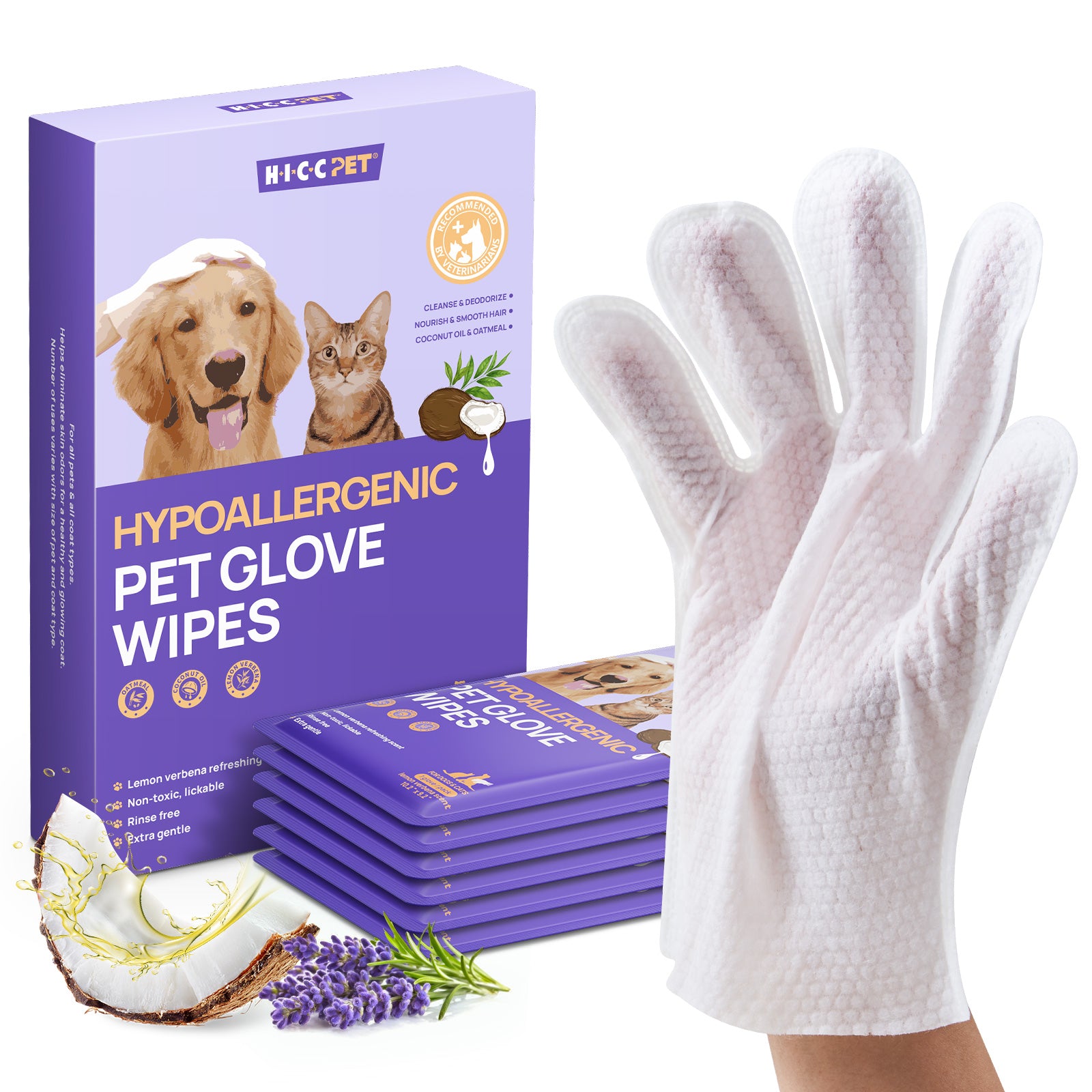 HICC Pet® Hypoallergenic Pet Glove Wipes For Dogs, 6 Pcs